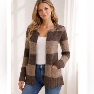 LOFT Mohair Brown Wide Stripe Open Cardigan Sweater XS